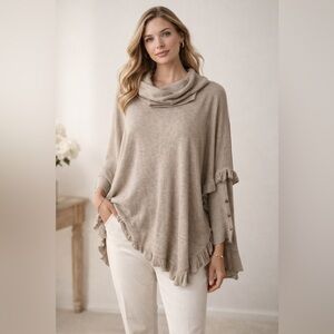 Joseph A Ruffled Cowl Neck Poncho Top Taupe Knit XL Boho Chic